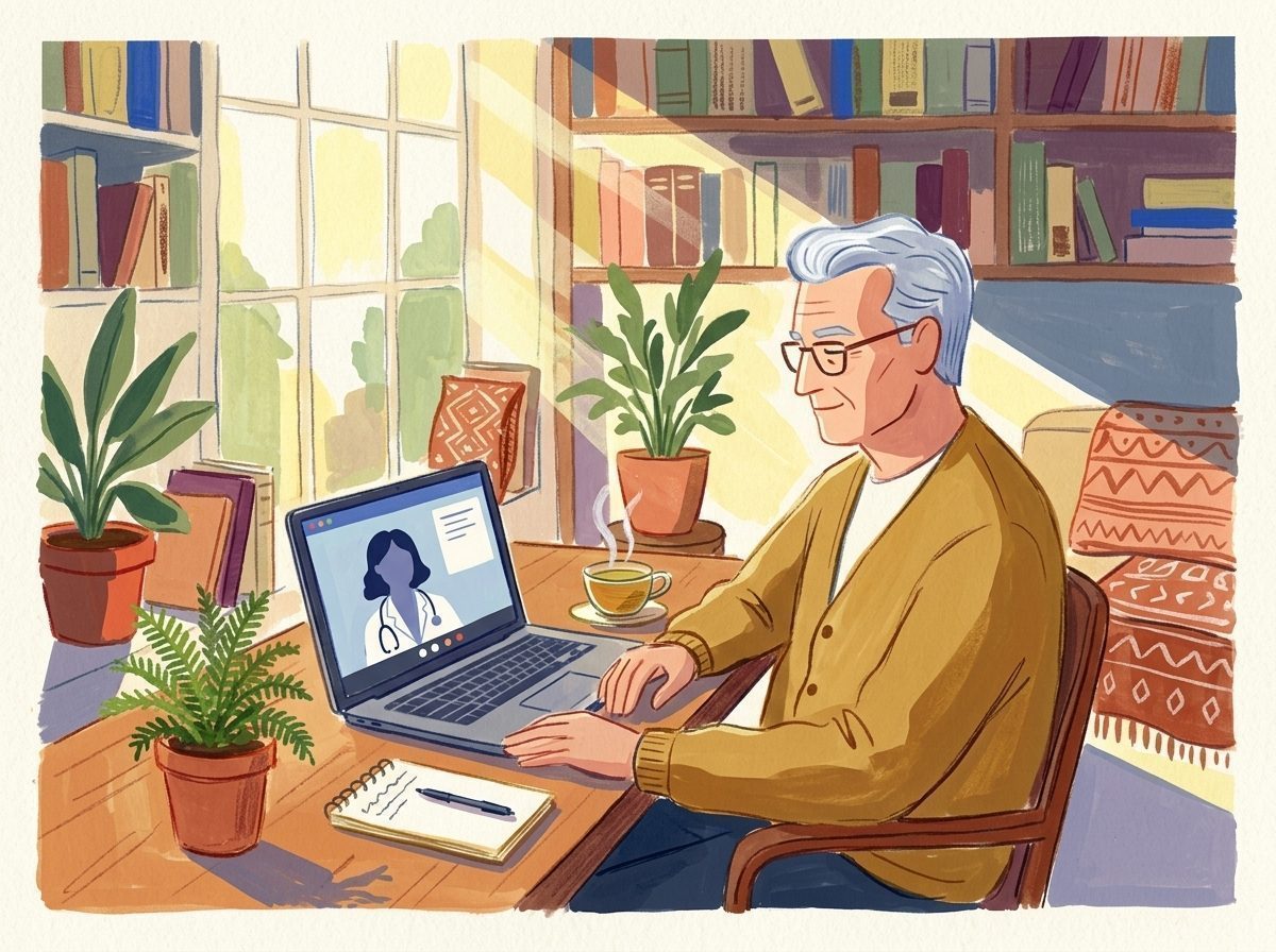 Illustration: Ein älterer Mann führt am Laptop im sonnigen Arbeitszimmer eine Videosprechstunde mit seiner Ärztin.