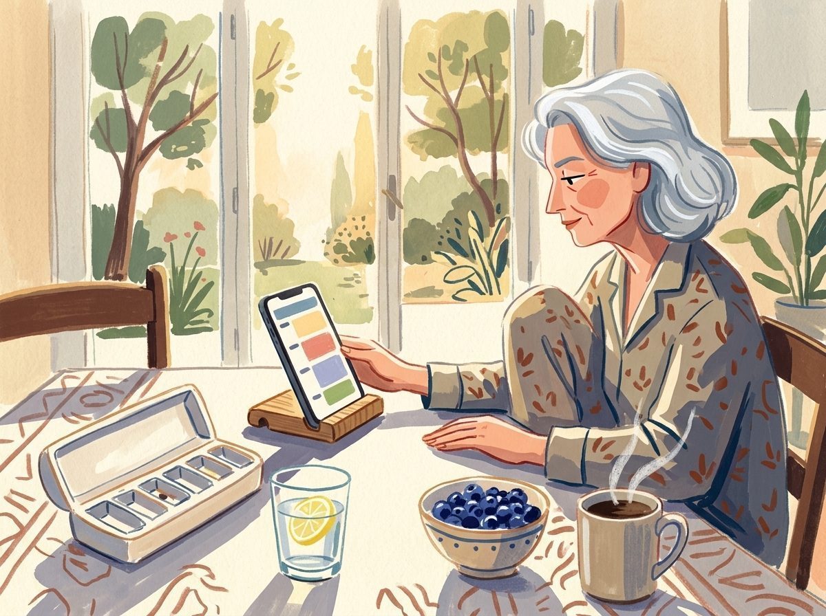 Illustration: Ein ruhiger Frühstückstisch mit Smartphone-Erinnerung, Pillenbox und frischen Heidelbeeren.