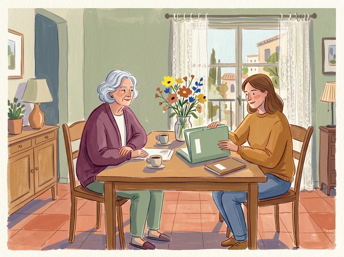 Illustration: Mutter und erwachsene Tochter ordnen gemeinsam Unterlagen für den Pflegegrad-Antrag.
