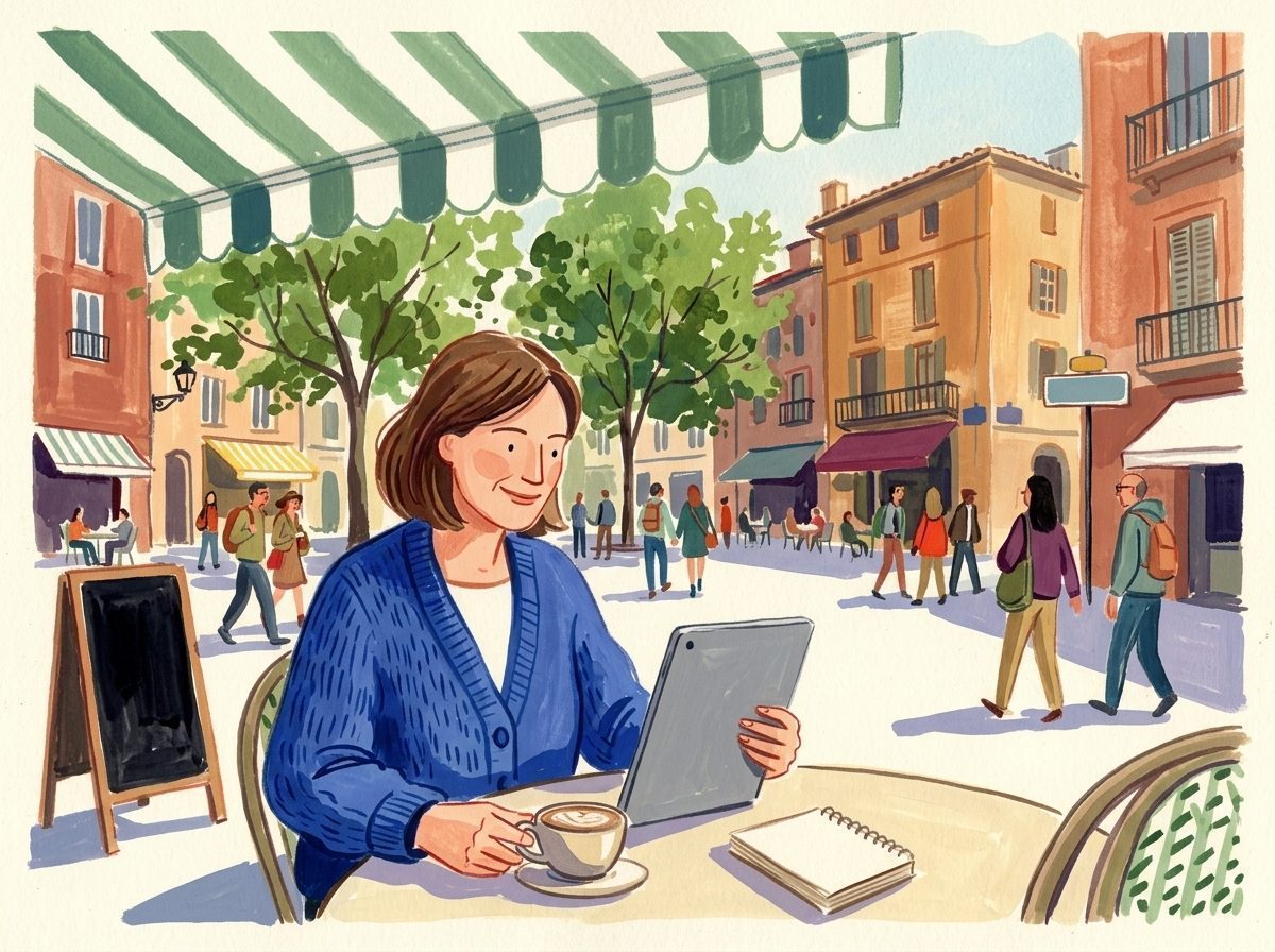Illustration: Eine pflegende Angehörige koordiniert entspannt Unterstützungsangebote per Tablet im Straßencafé.