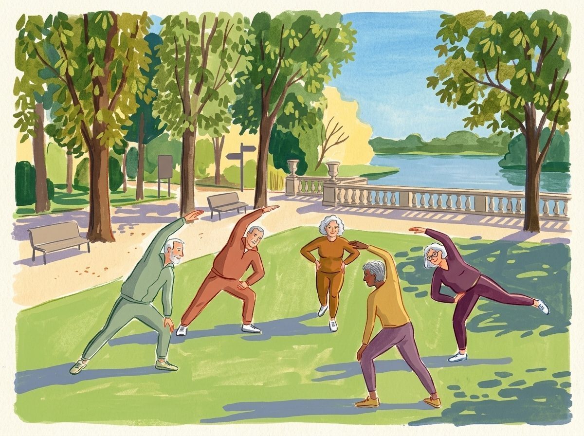 Illustration: Eine aktive Gruppe älterer Menschen macht morgens sanfte Bewegungsübungen im Park.
