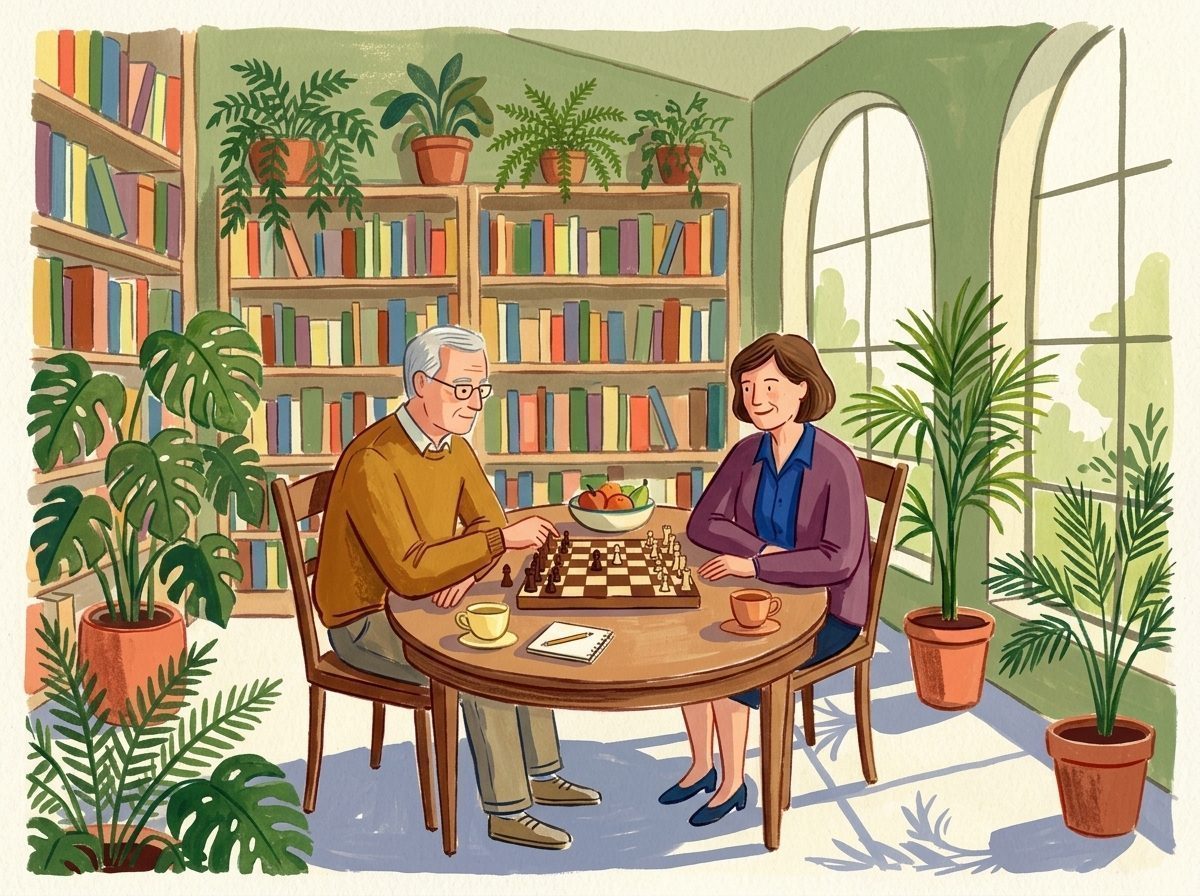 Illustration: Ein älterer Herr und eine Begleiterin spielen Schach in einem hellen Lese- und Wintergarten.
