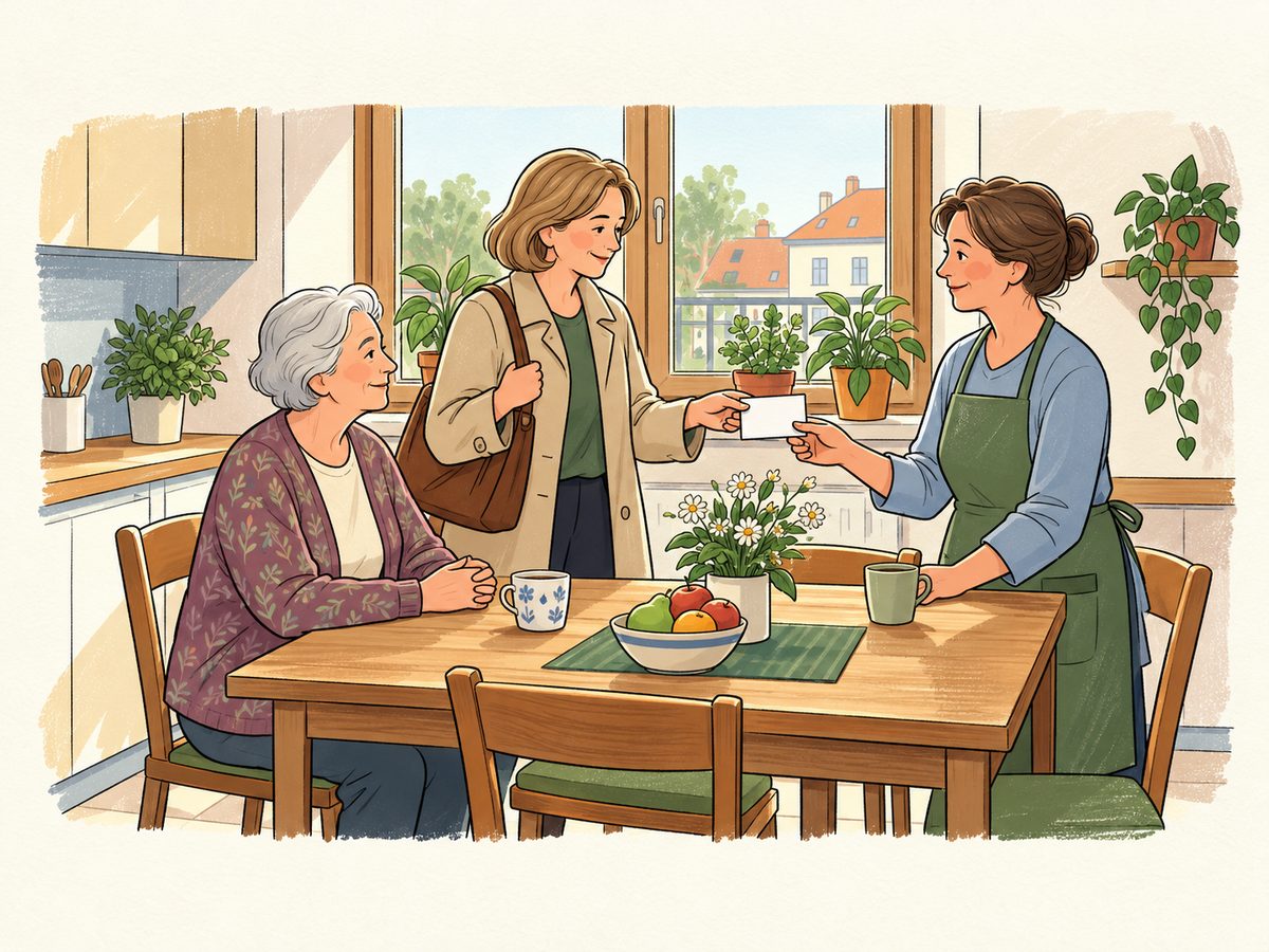 Illustration: Eine ältere Frau, ihre Tochter und eine Helferin stimmen die Pflegeübergabe ab.