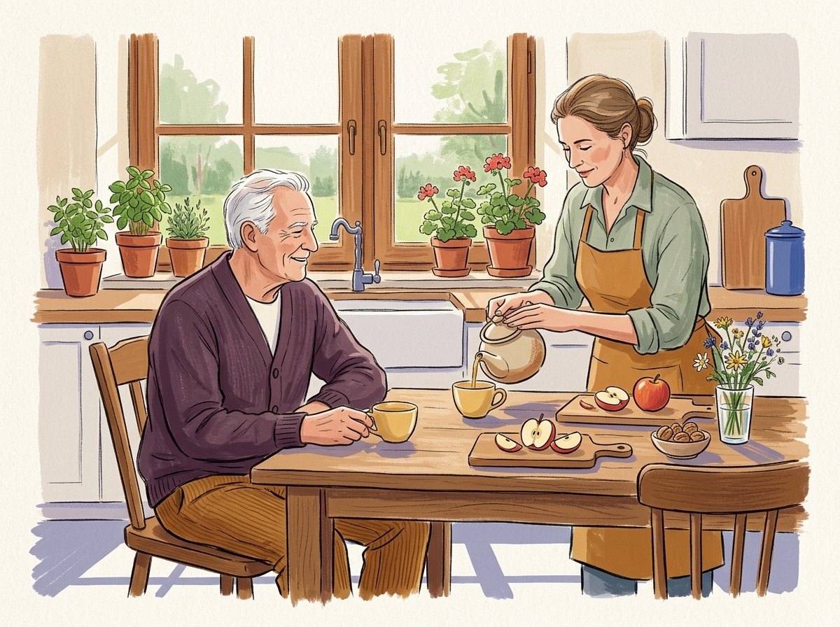 Illustration: Ein älterer Herr trinkt mit seiner Betreuerin Tee in einer sonnendurchfluteten Küche bei entspannter Atmosphäre.