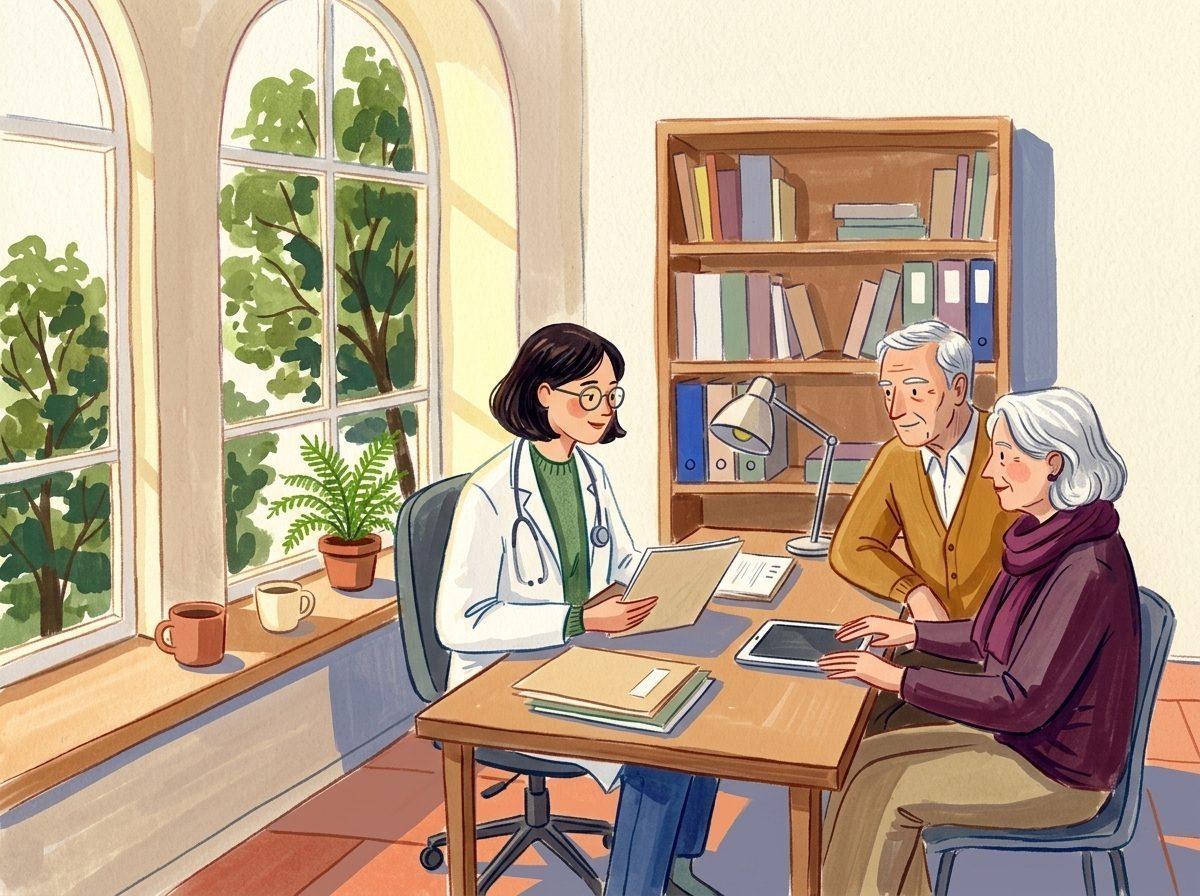 Illustration: Eine Ärztin bespricht mit einem älteren Paar in einer hellen Praxis die Unterlagen der elektronischen Patientenakte.