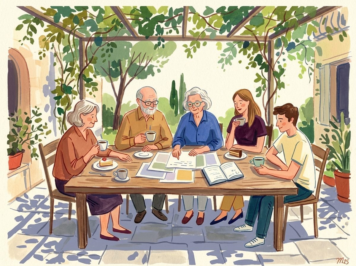 Illustration: Eine Familie plant gemeinsam am Küchentisch.