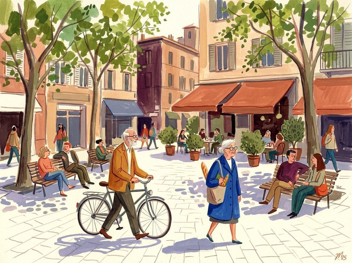 Illustration: Ein sonniger Stadtplatz mit Menschen verschiedener Generationen im Alltag.