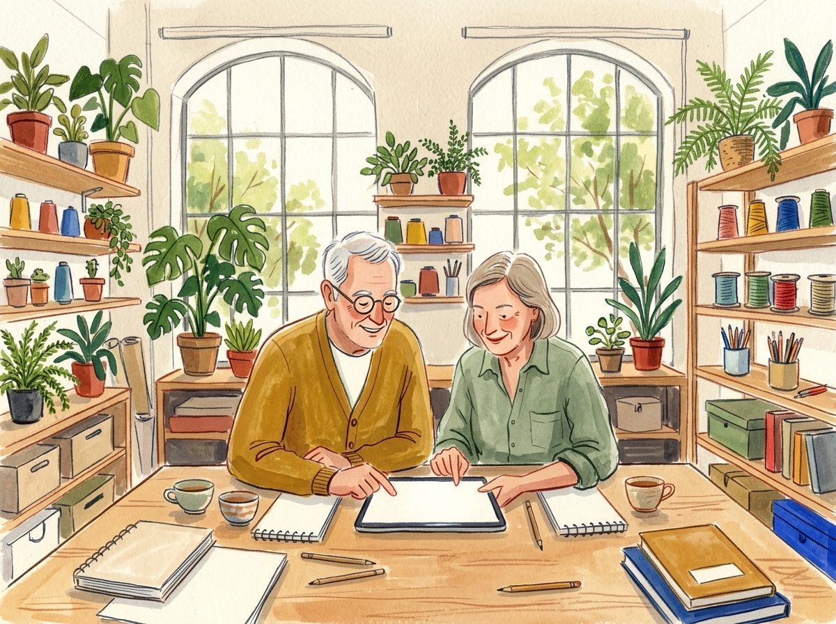 Illustration: Zwei ältere Menschen entdecken gemeinsam eine Funktion am Tablet.