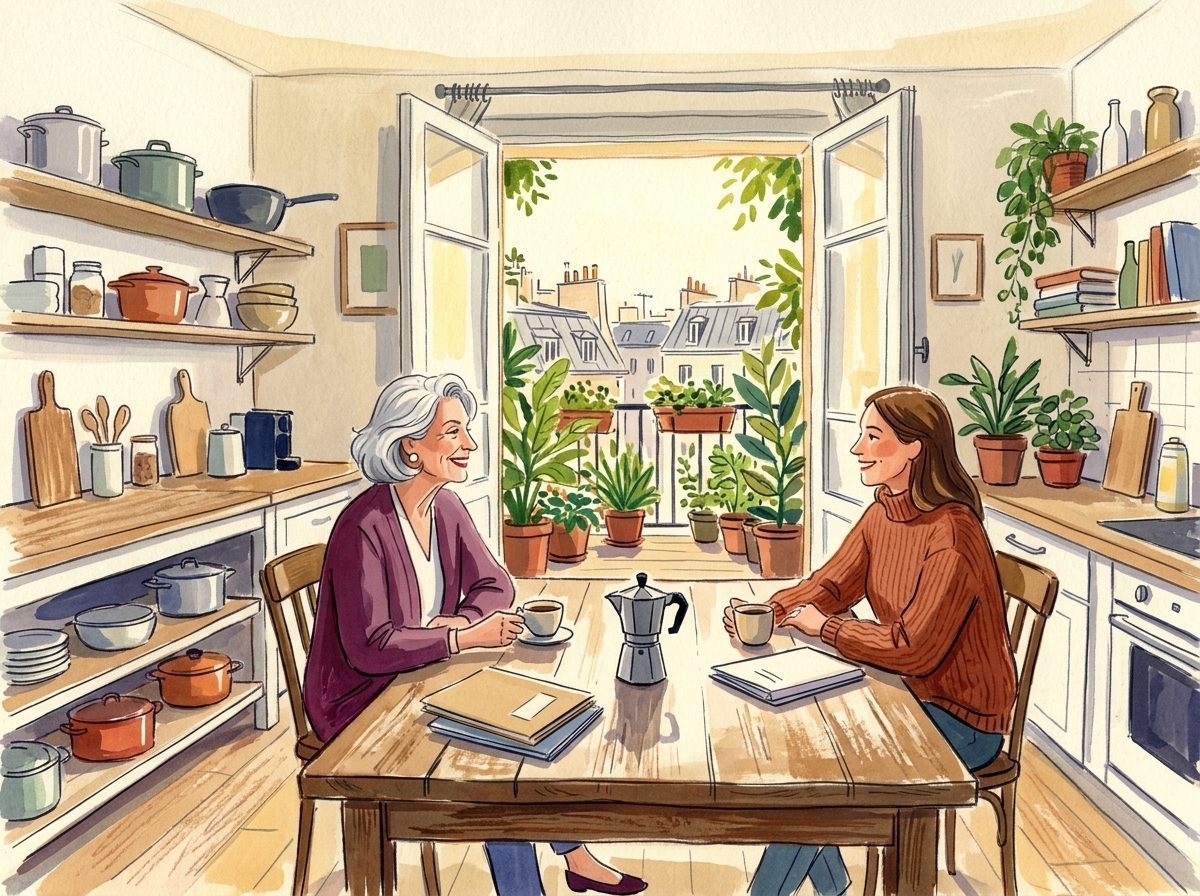 Illustration: Eine ältere Frau und ihre erwachsene Tochter trinken gemeinsam Kaffee am sonnigen Küchentisch mit Blick auf den bepflanzten Balkon.