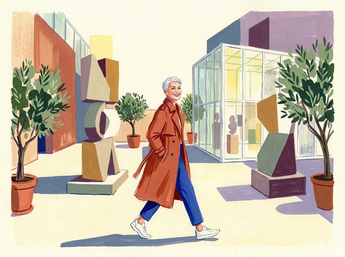Illustration: Eine lebensfrohe Frau im eleganten Mantel schreitet dynamisch durch einen Skulpturenhof.