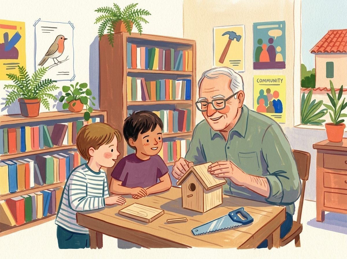 Illustration: Ein Mentor baut mit zwei fröhlichen Schulkindern in der Werkstatt einen Nistkasten.