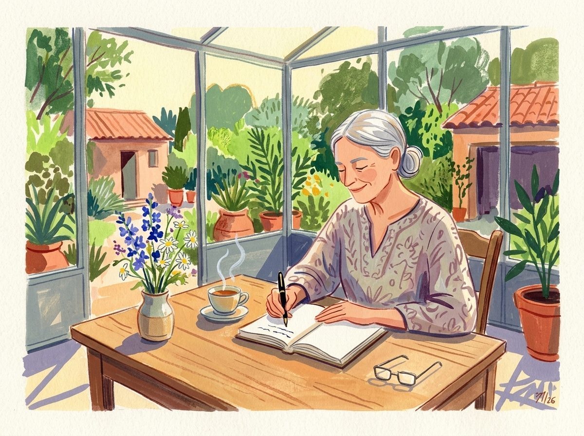 Illustration: Eine Frau führt am sonnigen Gartenschreibtisch achtsam ihr persönliches Lebensjournal.