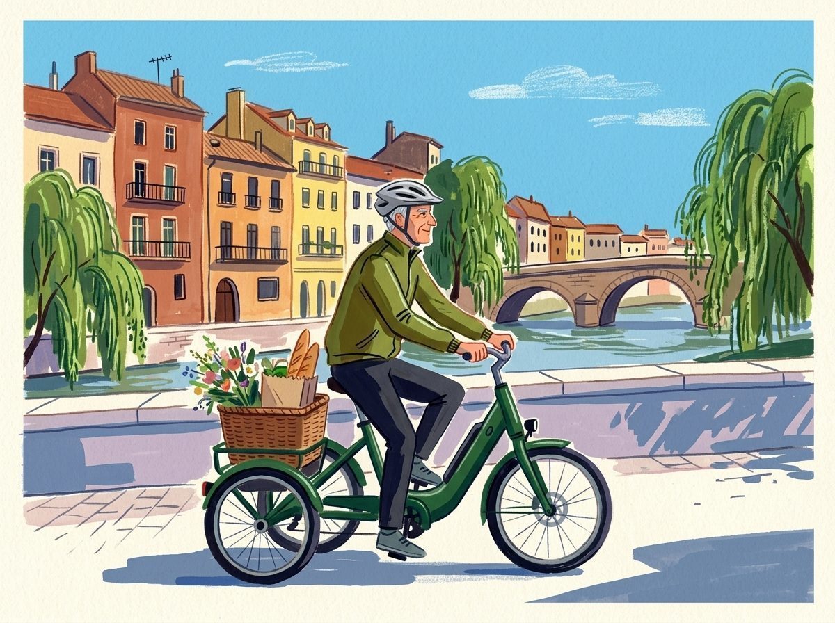 Illustration: Ein aktiver Herr fährt morgens mit einem modernen E-Dreirad am Flussufer entlang.