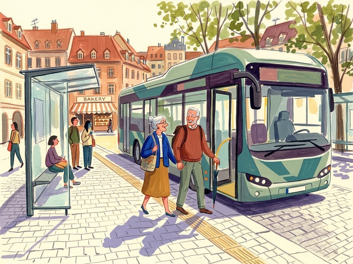 Illustration: Ein Paar steigt an einer sonnigen Stadt-Haltestelle entspannt in einen modernen Niederflurbus.