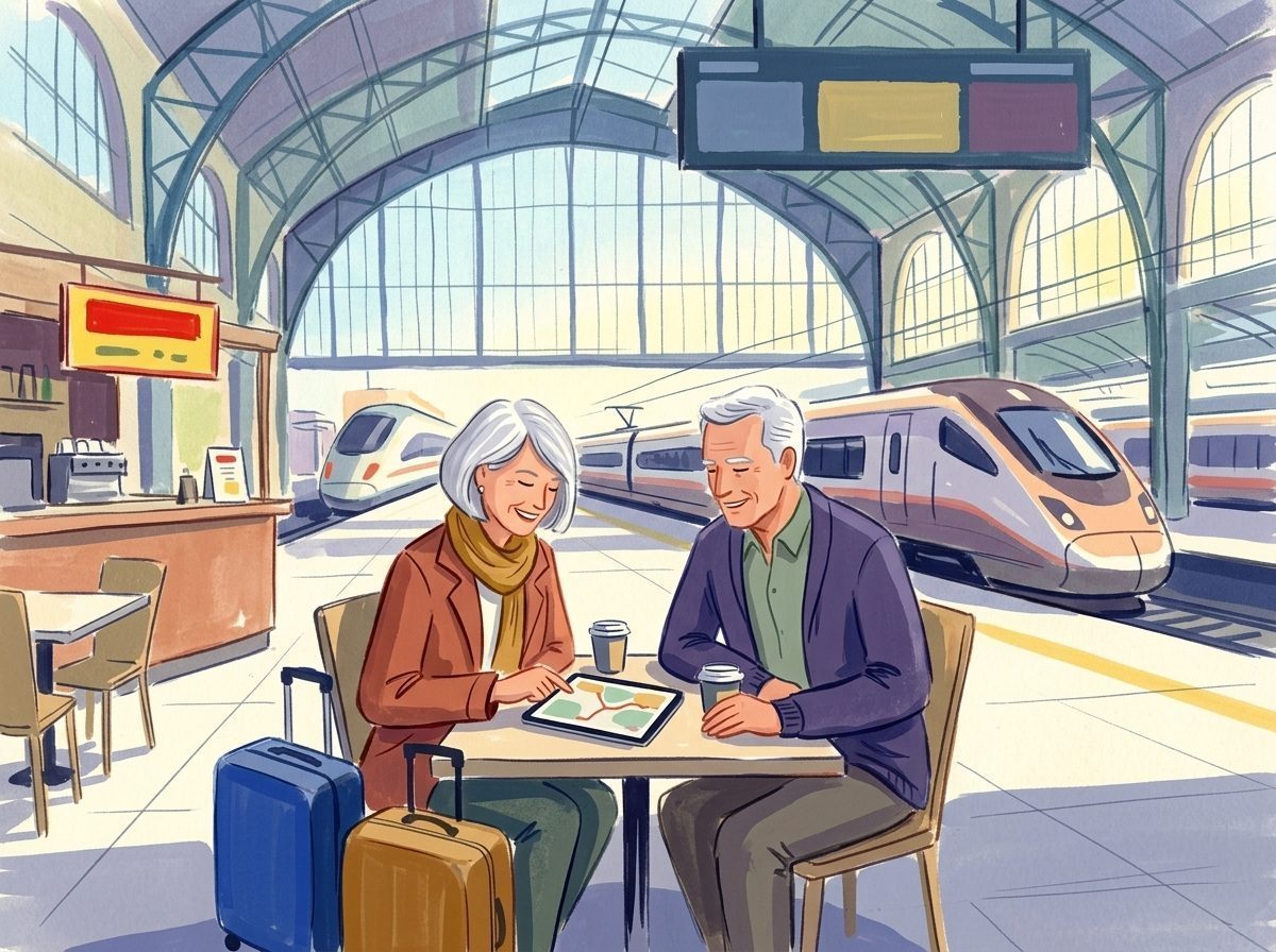 Illustration: Ein Paar plant im hellen Bahnhofsbistro mit Rollkoffern und Tablet die nächste Reise.