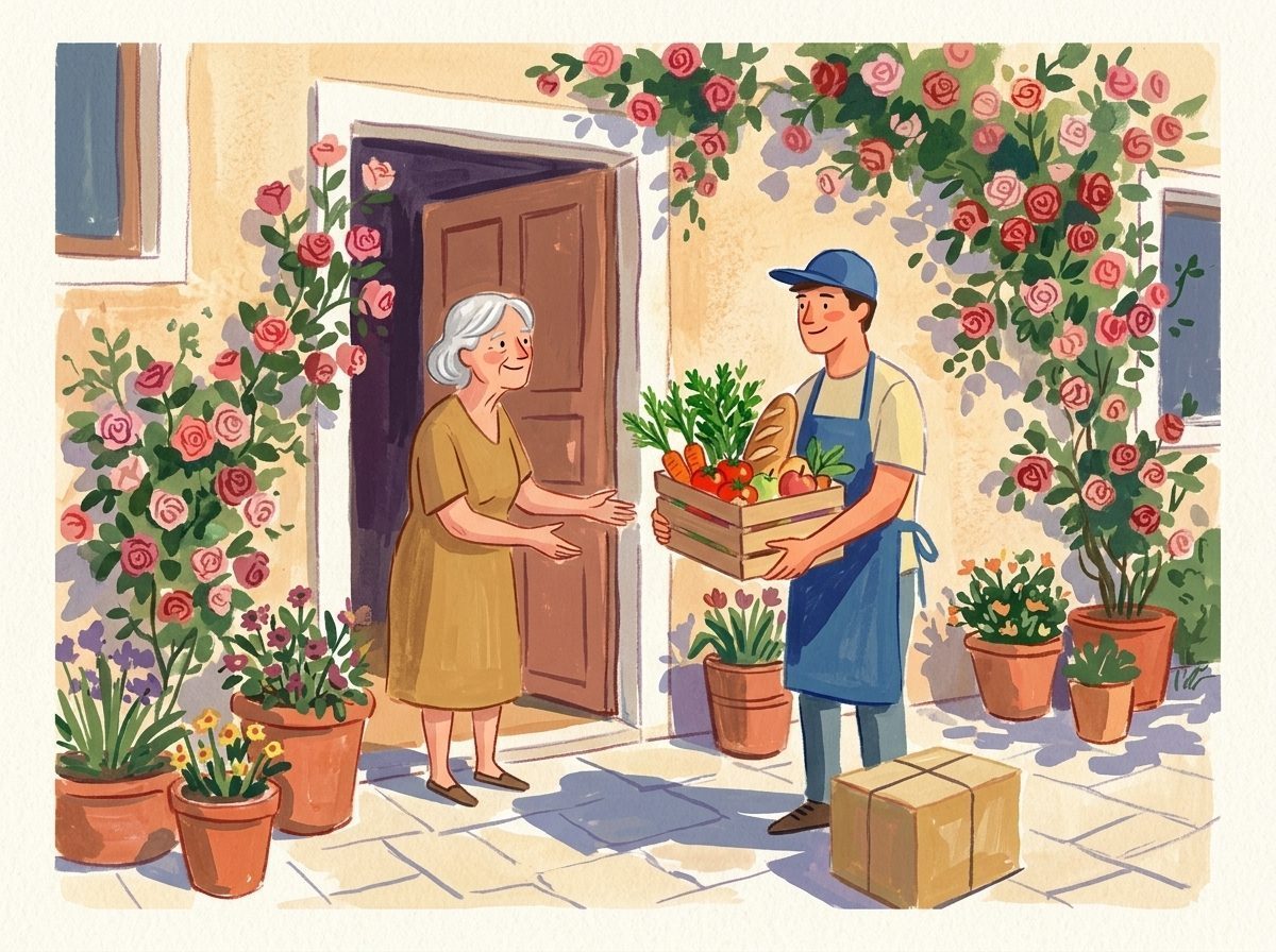Illustration: Ein freundlicher Bote übergibt einer Dame an der blumengeschmückten Haustür eine Frischekiste mit Lebensmitteln.