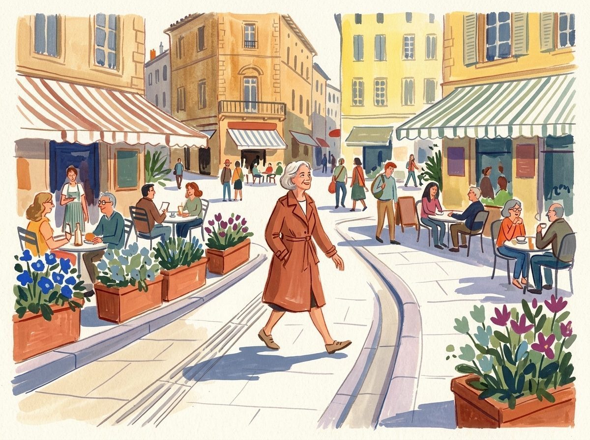 Illustration: Eine Dame spaziert gelassen über eine barrierefreie Flaniermeile mit Taststreifen und Straßencafés.