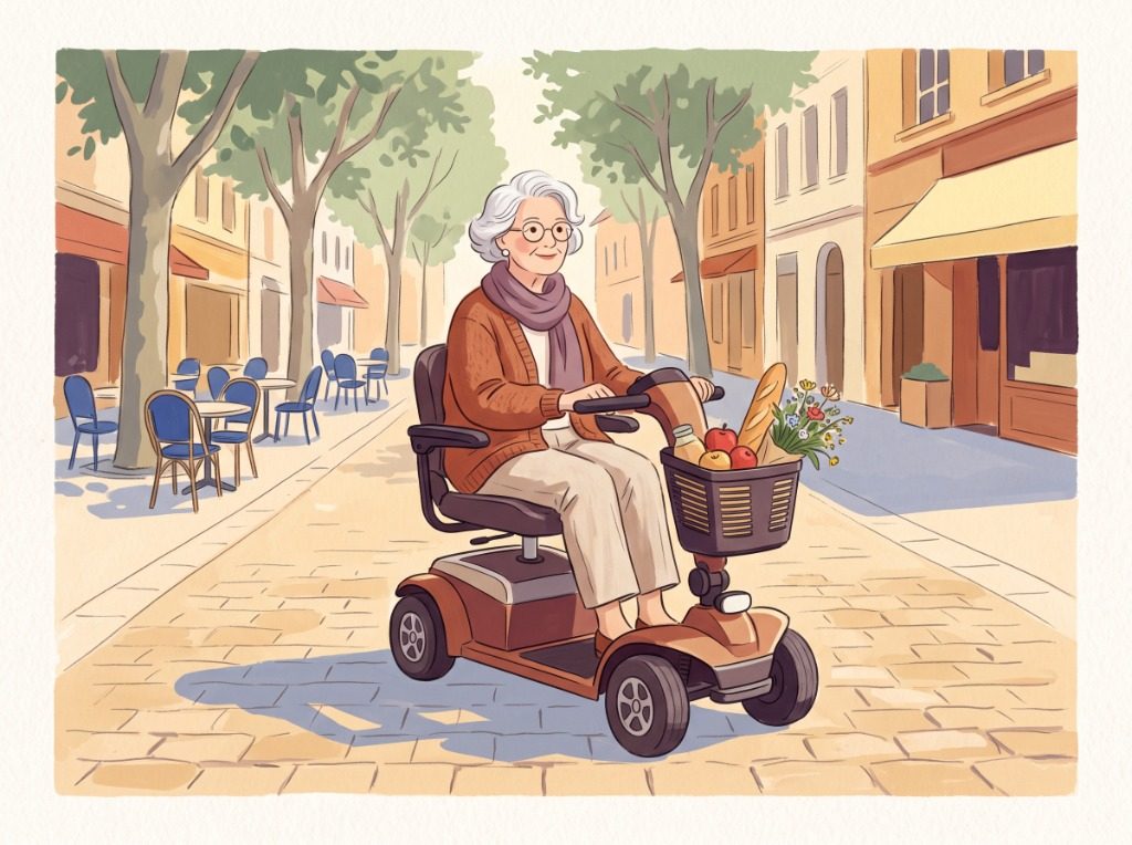 Illustration: Eine aktive ältere Dame fährt mit ihrem vierrädrigen Elektromobil entspannt über einen sonnigen Marktplatz mit gefülltem Einkaufskorb.