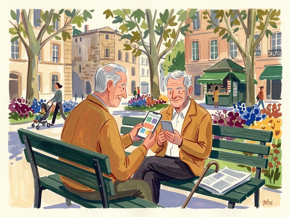 Illustration: Ein älterer Herr entdeckt zufrieden die klaren Kacheln auf seinem neuen Smartphone auf einer Parkbank.