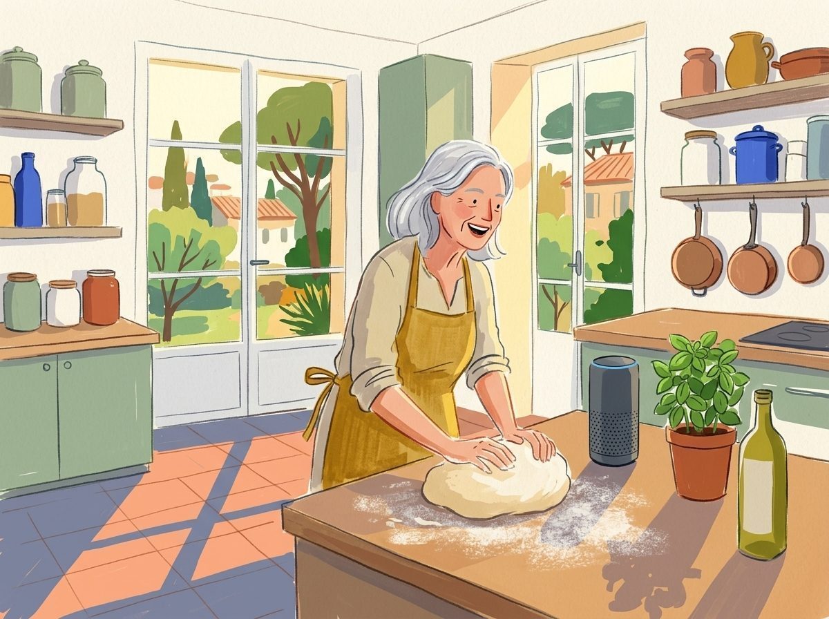 Illustration: Eine Frau nutzt beim Kochen in der hellen Küche natürliche Sprachbefehle mit einem smarten Lautsprecher.