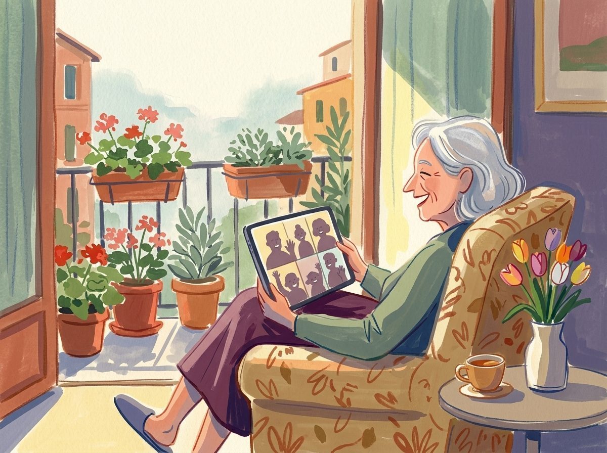 Illustration: Eine Großmutter lacht herzlich bei einem Videoanruf mit ihrer Familie auf dem Balkon.