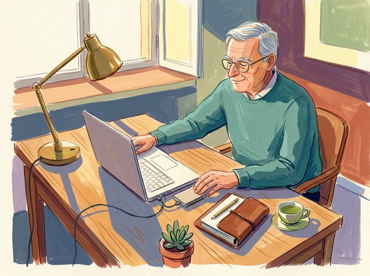Illustration: Ein älterer Herr schließt am Schreibtisch gelassen eine externe Sicherungsfestplatte an.