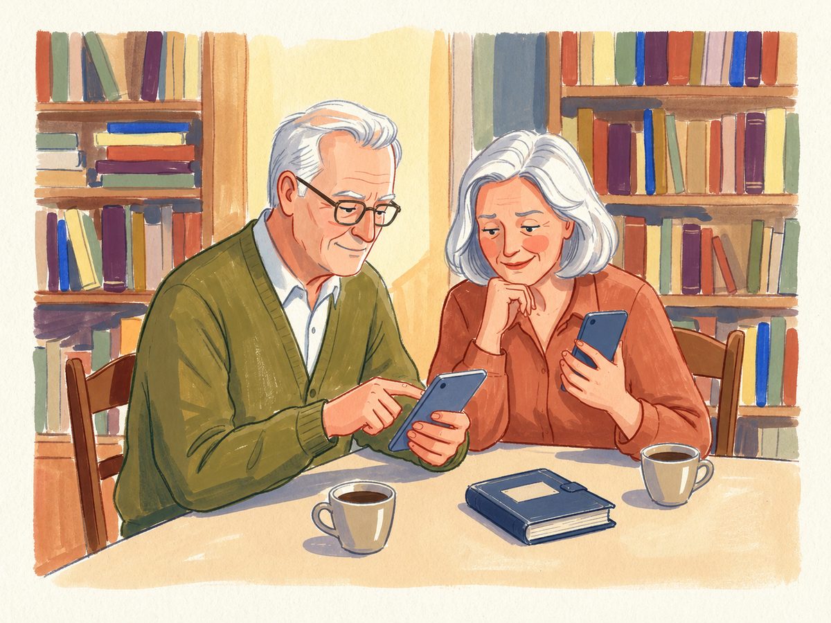 Illustration: Ein älteres Paar prüft nach einem Anruf gemeinsam einen bekannten Kontakt am Telefon.