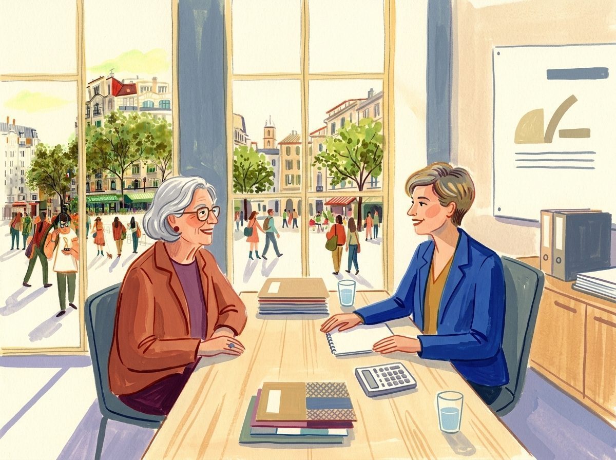 Illustration: Eine Bürgerin im offenen Beratungsgespräch rund um Rente und Wohngeld im Bürgeramt.