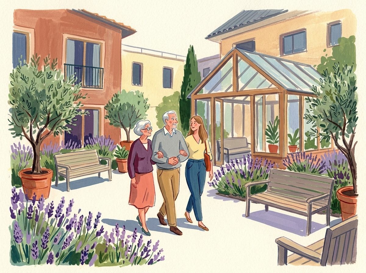 Illustration: Eine Familie besichtigt gemeinsam den sonnigen Innenhofgarten einer modernen Seniorenresidenz.