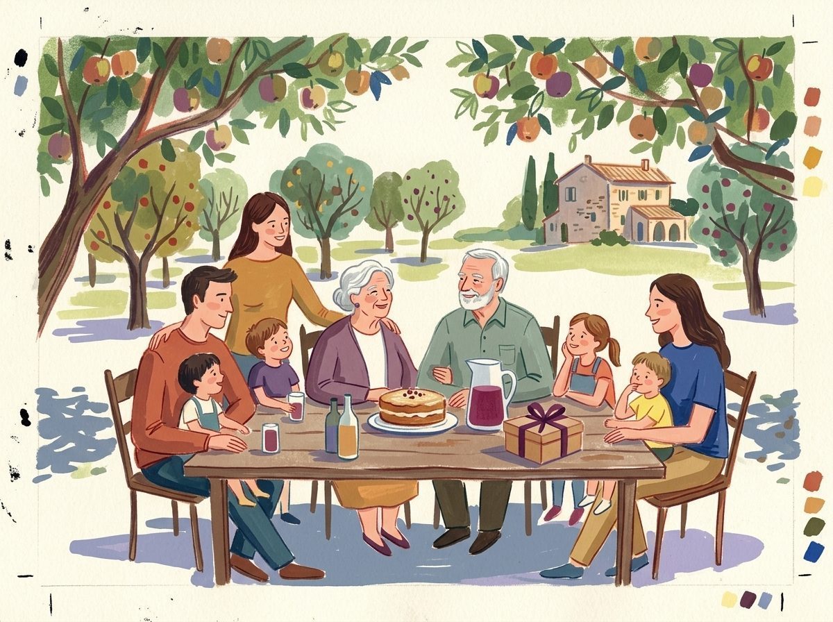 Illustration: Mehrere Generationen genießen ein harmonisches Familienfest im sommerlichen Obstgarten.