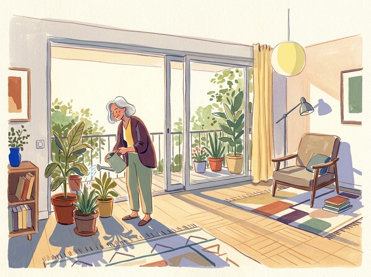 Illustration: Eine Frau gießt Pflanzen in einem sonnigen, barrierefreien Wohnzimmer mit schwellenlosem Balkonaustritt.