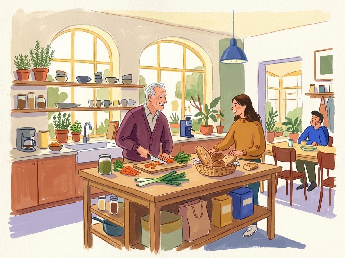 Illustration: Mehrere Generationen kochen und lachen gemeinsam in einer hellen Wohnküche.