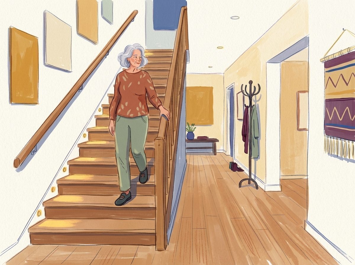 Illustration: Eine Frau geht sicher eine gut beleuchtete Holztreppe mit beidseitigem Handlauf hinab.