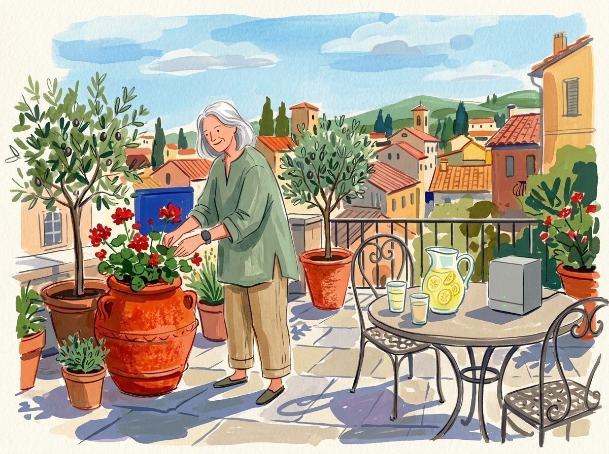 Illustration: Eine Frau pflegt Geranien auf der sonnigen Terrasse mit dezenter Notruf-Smartwatch am Handgelenk.