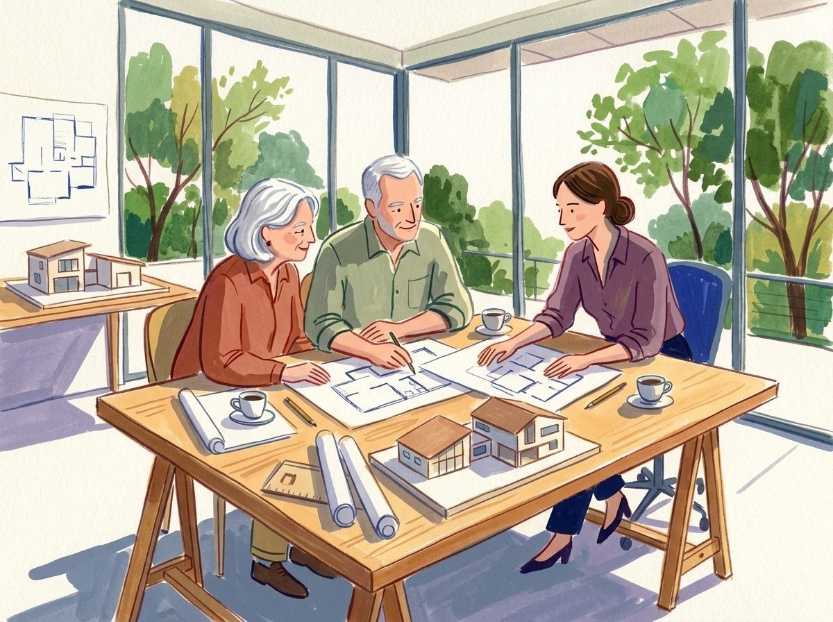Illustration: Ein Paar plant mit einer Architektin barrierefreie Grundrisse in einem lichten Studio.