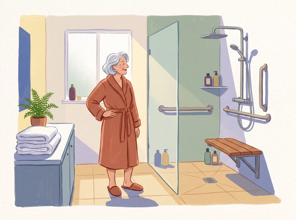 Illustration: Eine ältere Frau im Bademantel begutachtet zufrieden ihr neu umgebautes, barrierefreies Badezimmer mit bodengleicher Dusche.