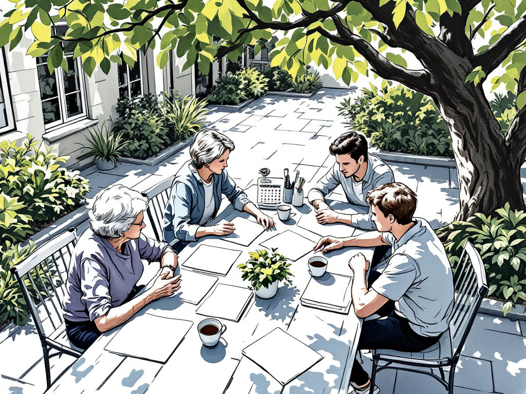 Illustration: Eine Familie plant gemeinsam am Küchentisch.