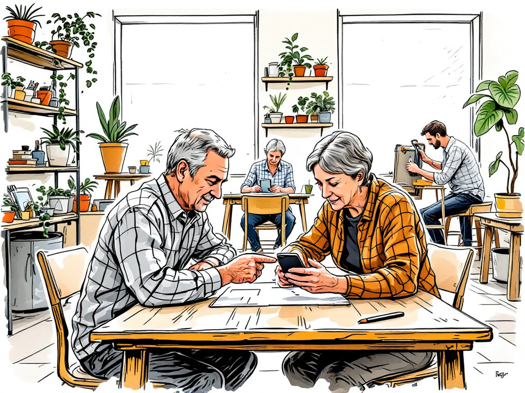Illustration: Zwei ältere Menschen entdecken gemeinsam eine Funktion am Tablet.