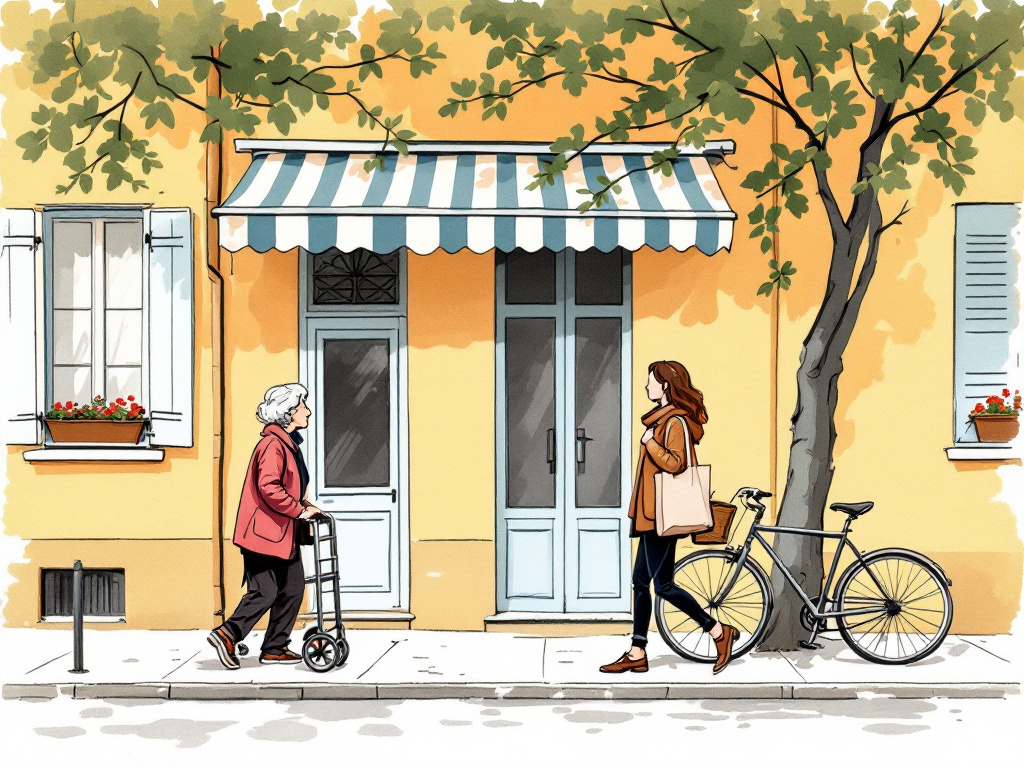 Illustration: Eine Frau in den Siebzigern richtet eine Lampe ein, ihre Tochter sortiert am Küchentisch Unterlagen.